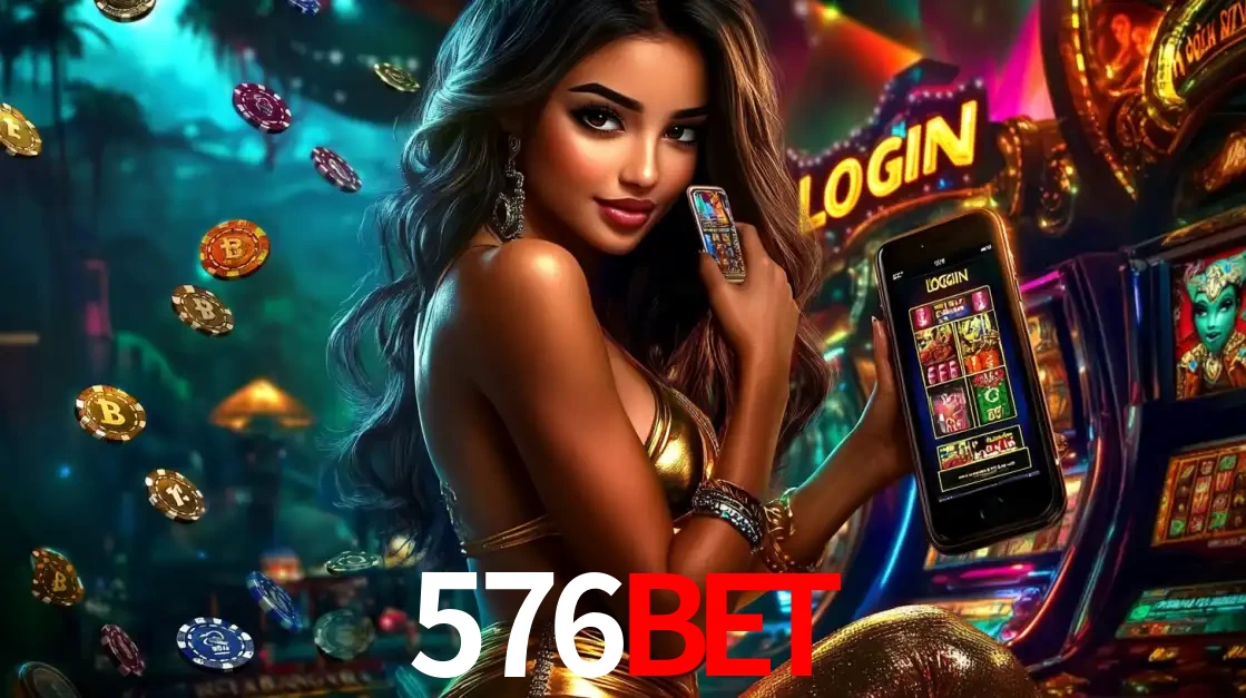 Mulher em um cenário de cassino temático de aventura, mostrando o app de caça-níqueis da 576bet no celular. Fichas de apostas flutuam ao redor.