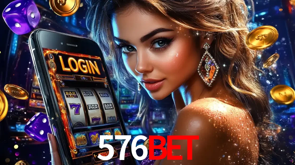 Mulher glamorosa segurando um smartphone com a tela de login para os jogos de caça-níqueis do cassino online 576bet, com moedas de ouro e dados ao redor.