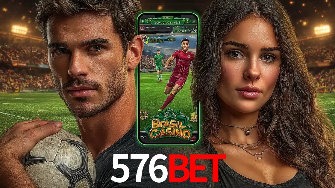 Homem segurando uma bola de futebol e uma mulher ao lado de um smartphone exibindo o jogo de apostas esportivas da 576bet. Faça seu palpite no cassino online.